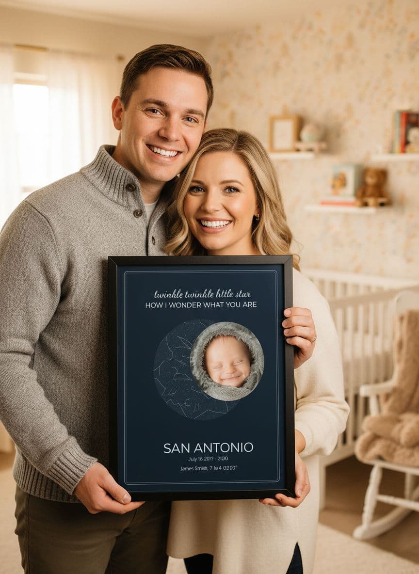 Parents holding personalized birth stats poster
