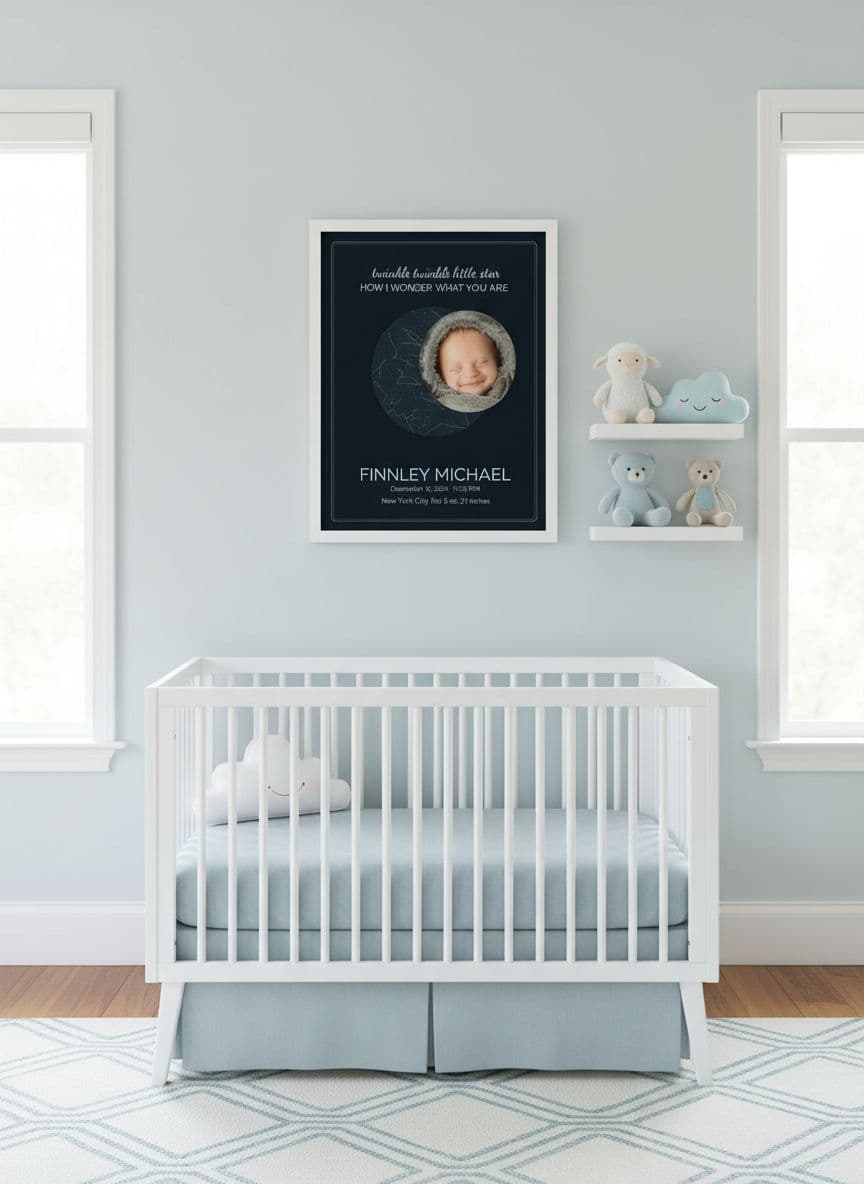 Birth announcement print above crib