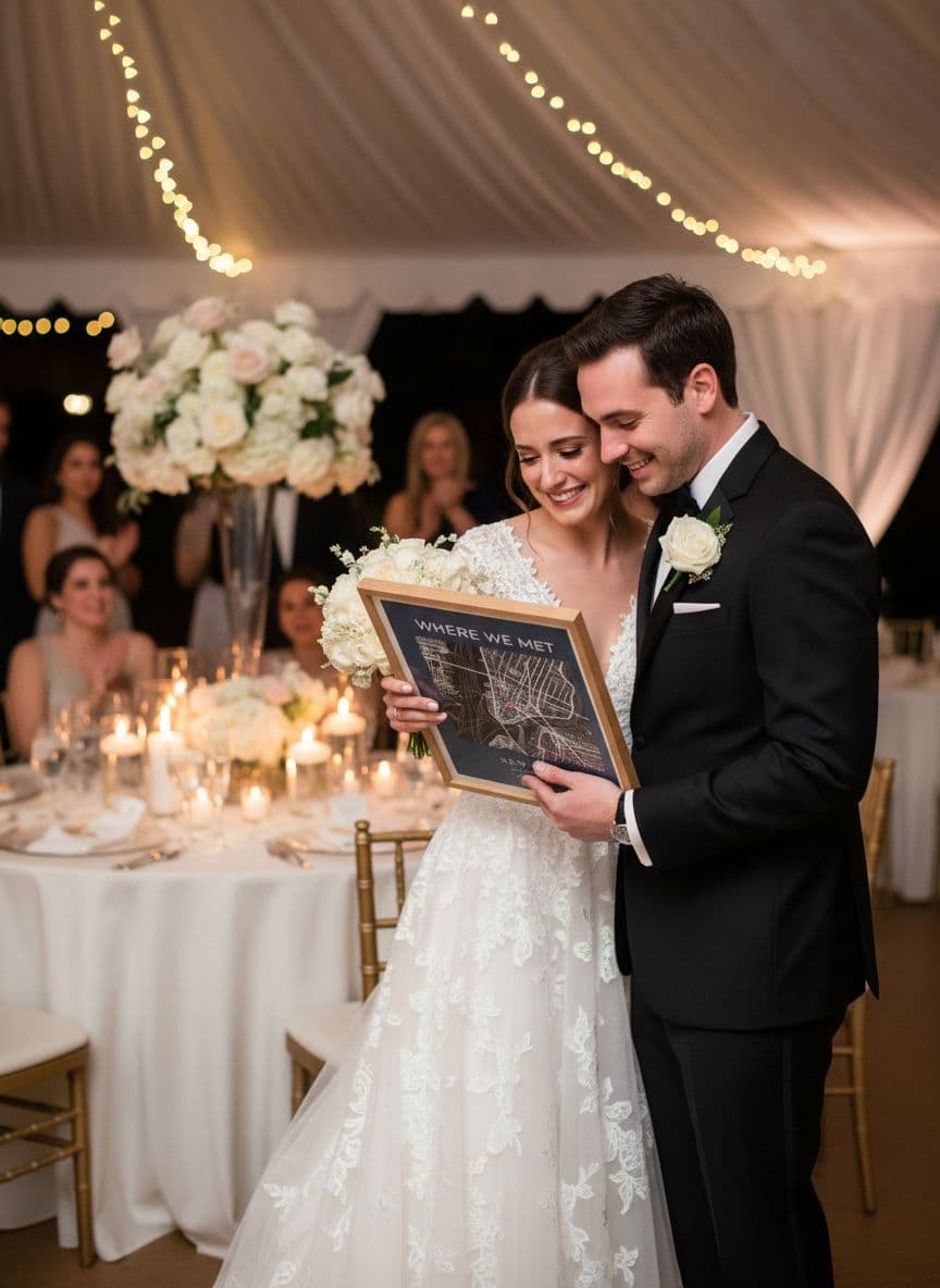 Bride and groom with wedding map gift