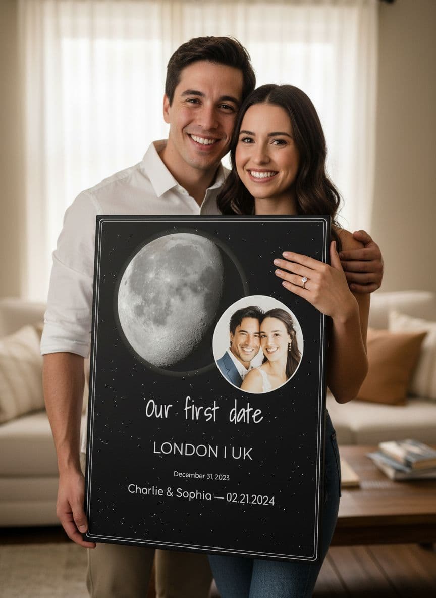 Couple holding personalized lunar poster