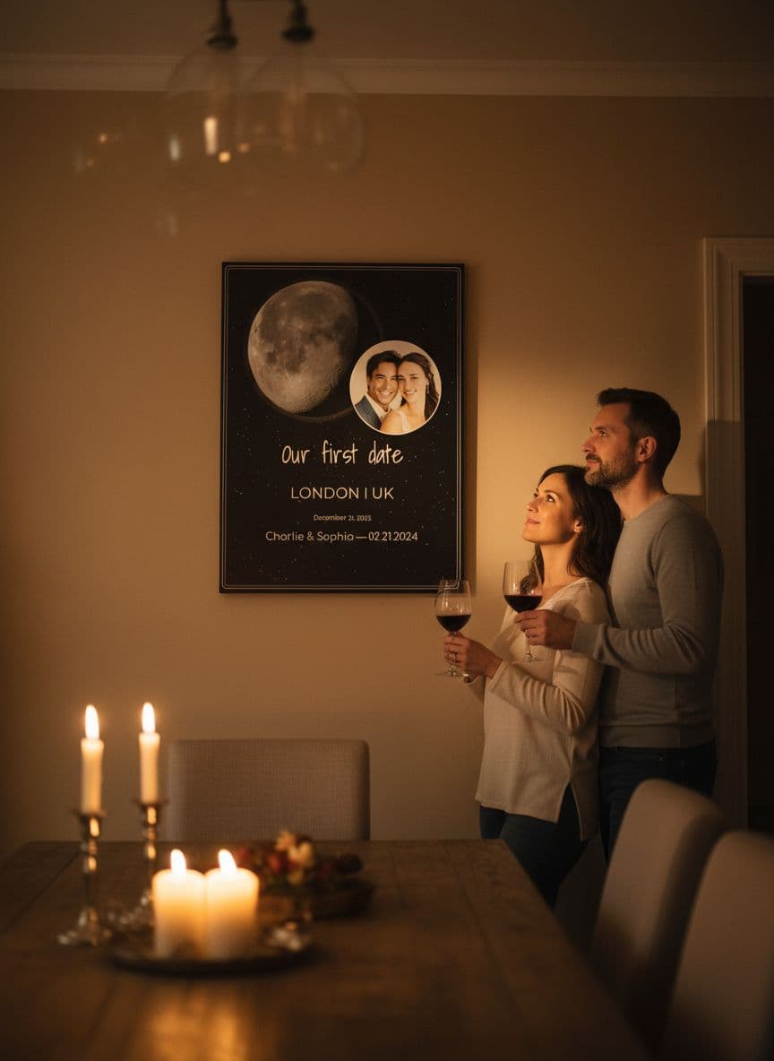 Couple admiring anniversary moon phase poster