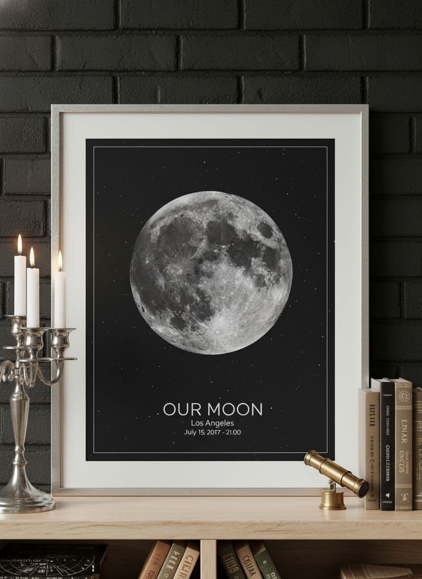 Custom moon print on bookshelf with candles