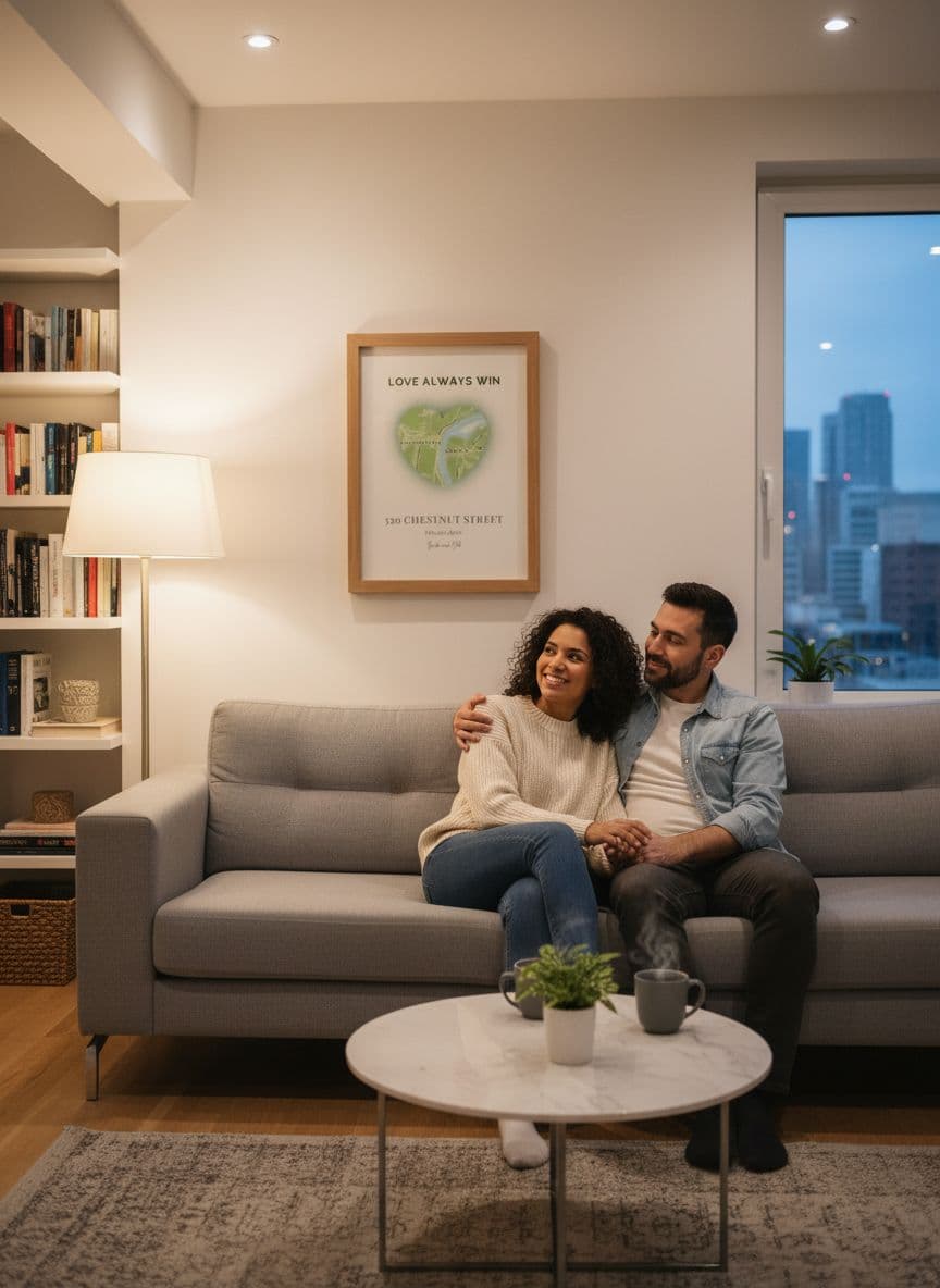 Heart-shaped anniversary map above sofa in modern living room