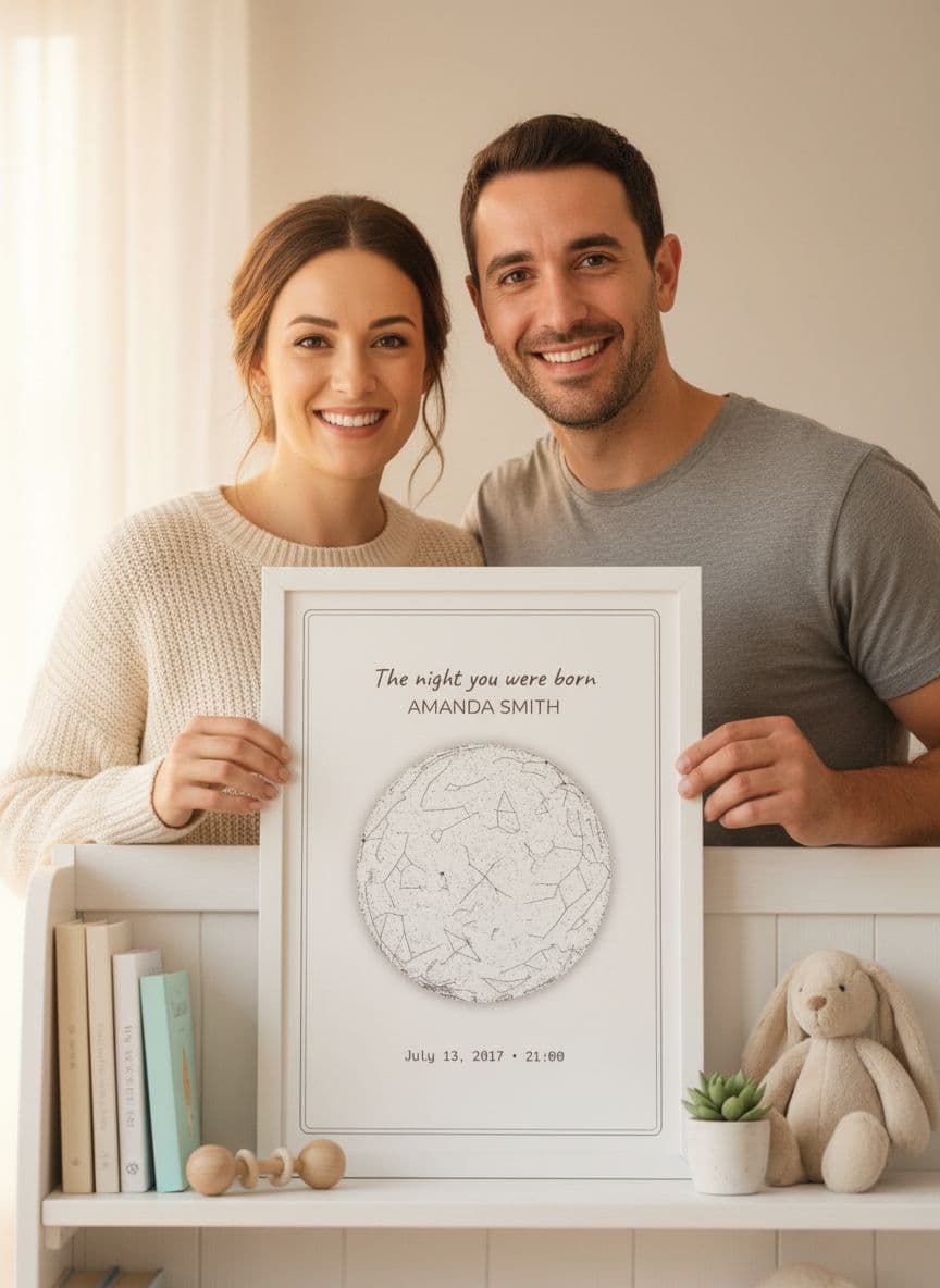 Parents holding personalized birth stats poster