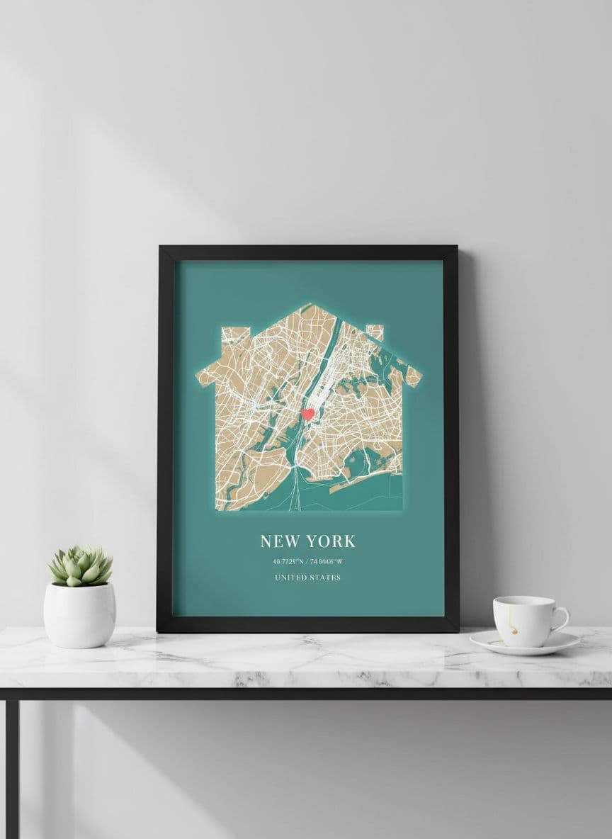 Framed location map on elegant marble table