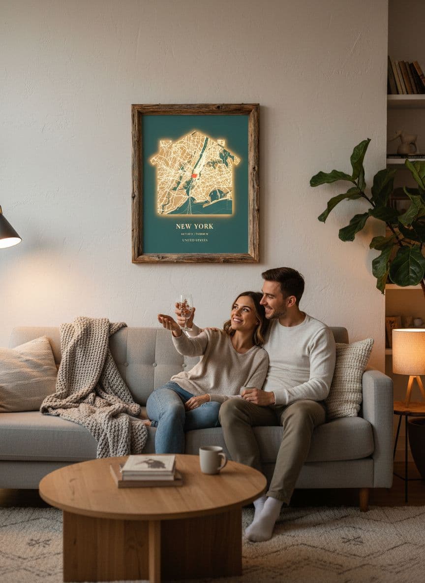 Anniversary map above sofa in living room