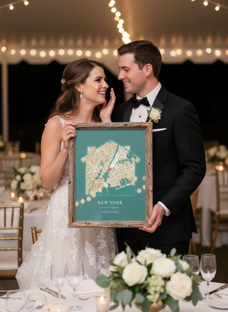 Bride and groom with wedding map gift
