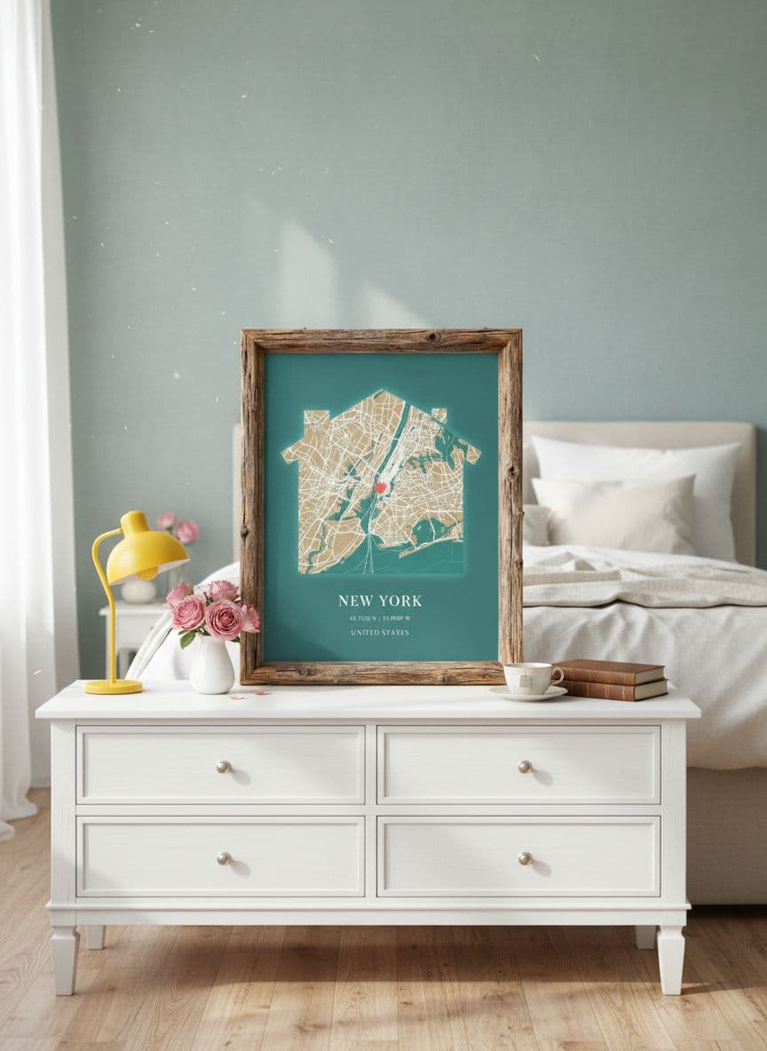 Bedroom with custom map poster in rustic frame