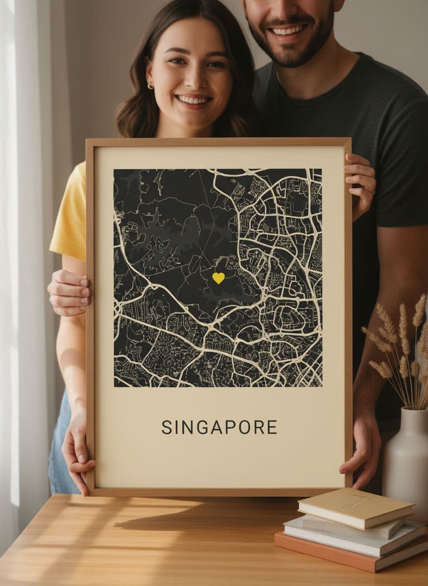 Couple holding custom anniversary map poster closeup