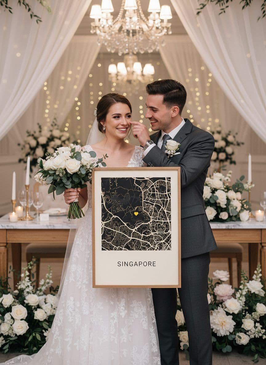 Bride and groom with wedding map gift