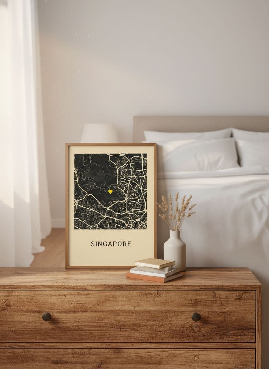 Bedroom with custom map poster in rustic frame