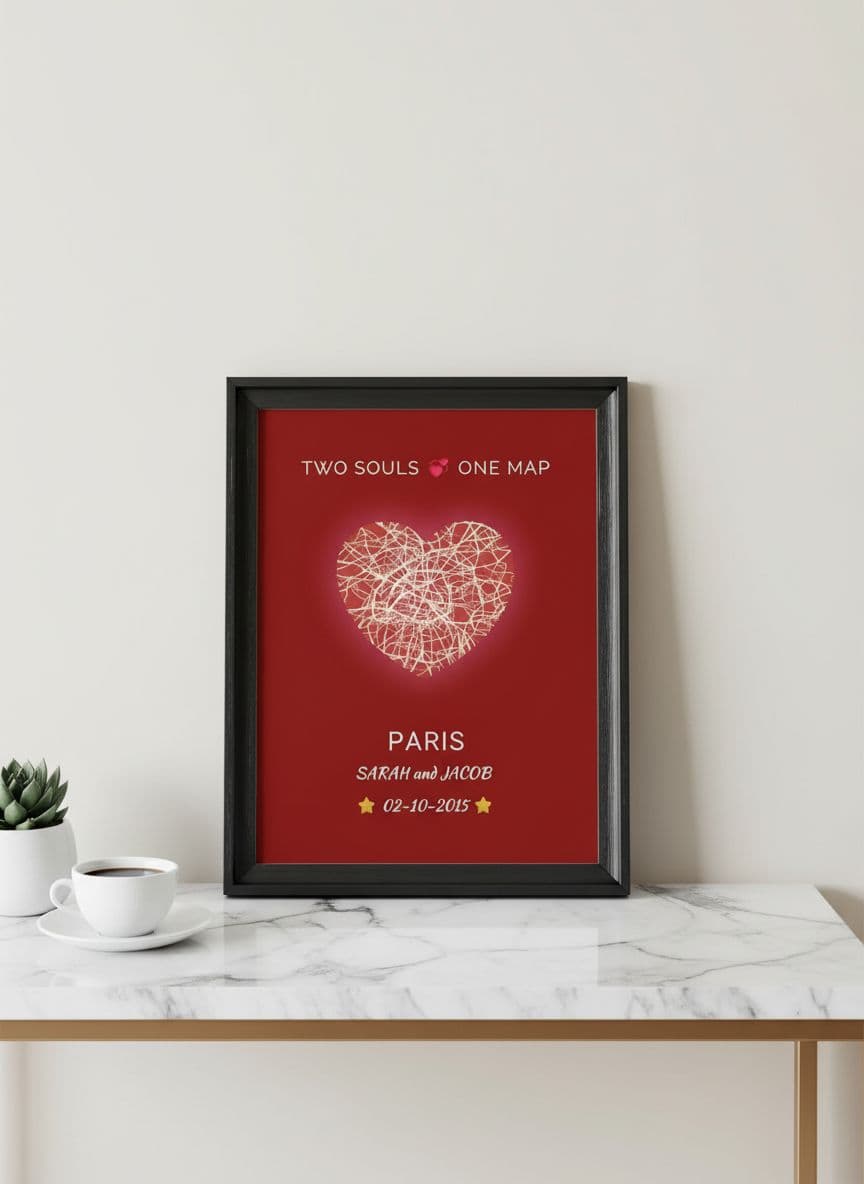 Framed location map on elegant marble table