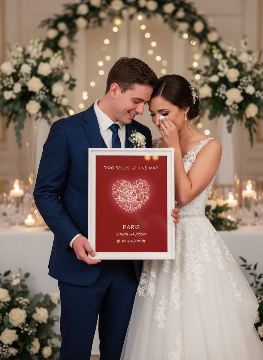 Bride and groom with wedding map gift