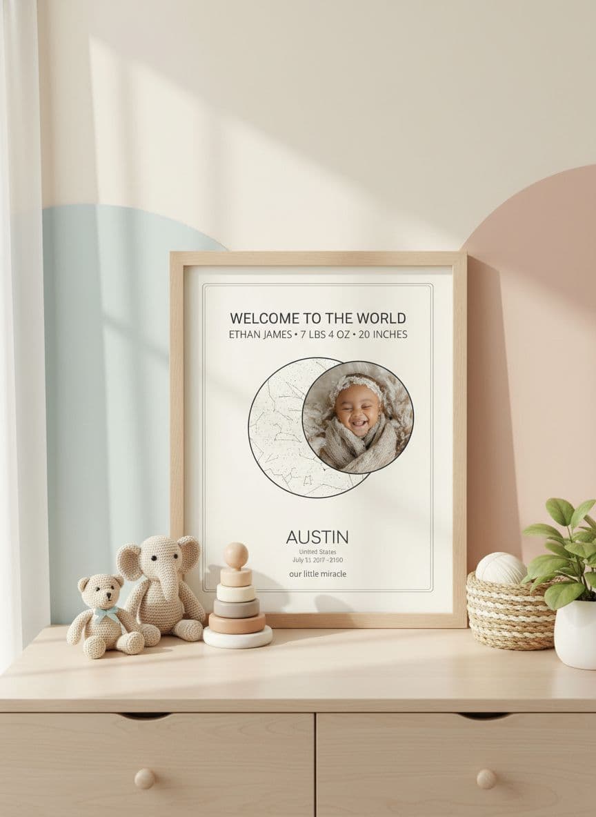 Baby birth announcement poster in nursery