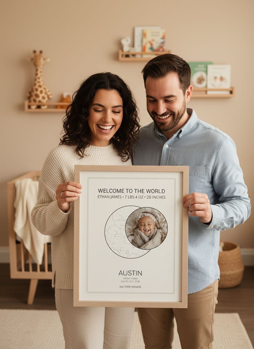 Parents holding personalized birth stats poster