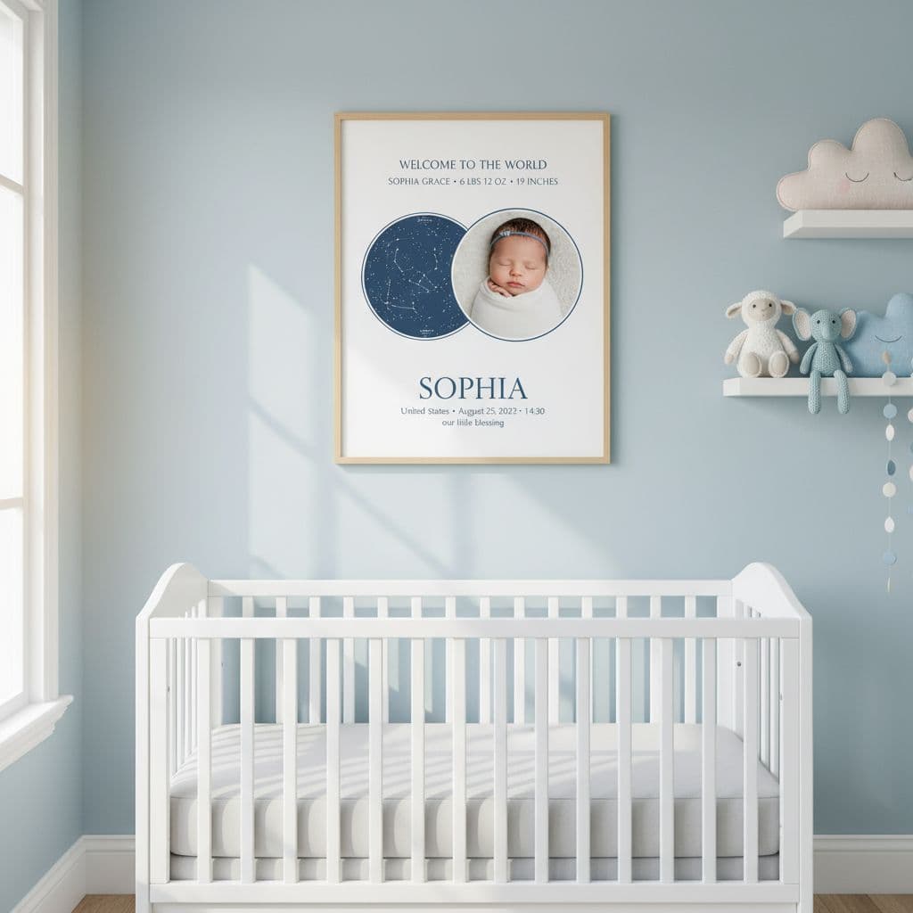 Birth announcement print above crib