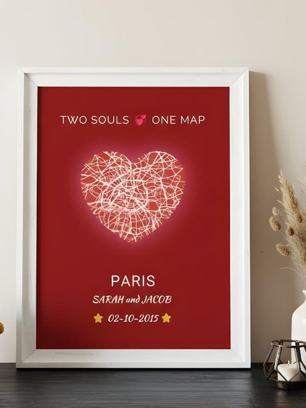 Heart Shaped Custom Anniversary Map with Crimson Background